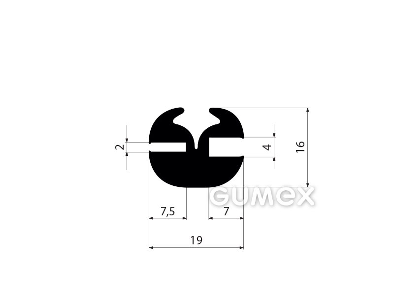 Profil für Fahrzeugfenster, 16x19/2/4mm, passt Zwickel 00598001, 70°ShA, EPDM, -40°C/+100°C,schwarz, 